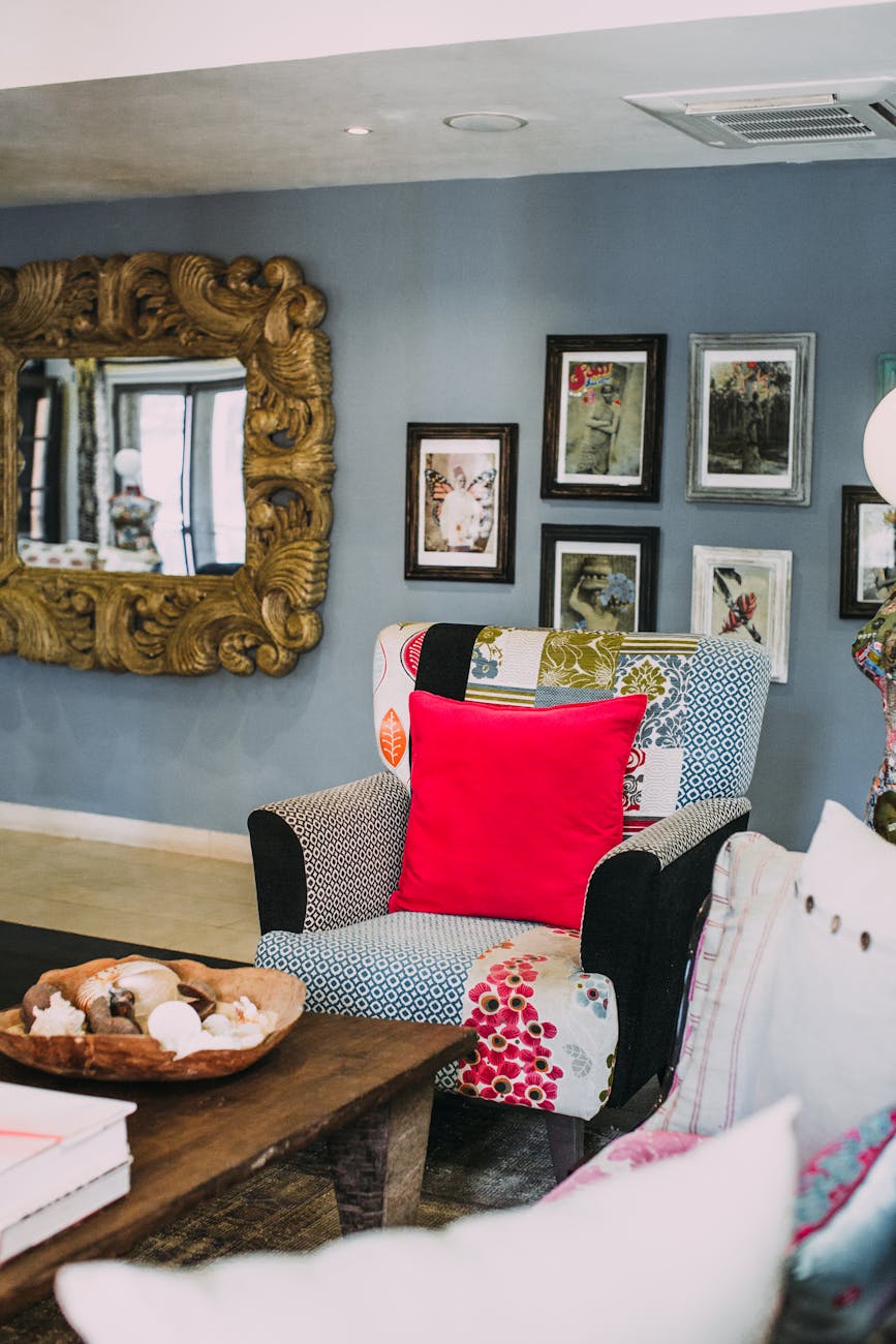 a living room with a variety of home decor