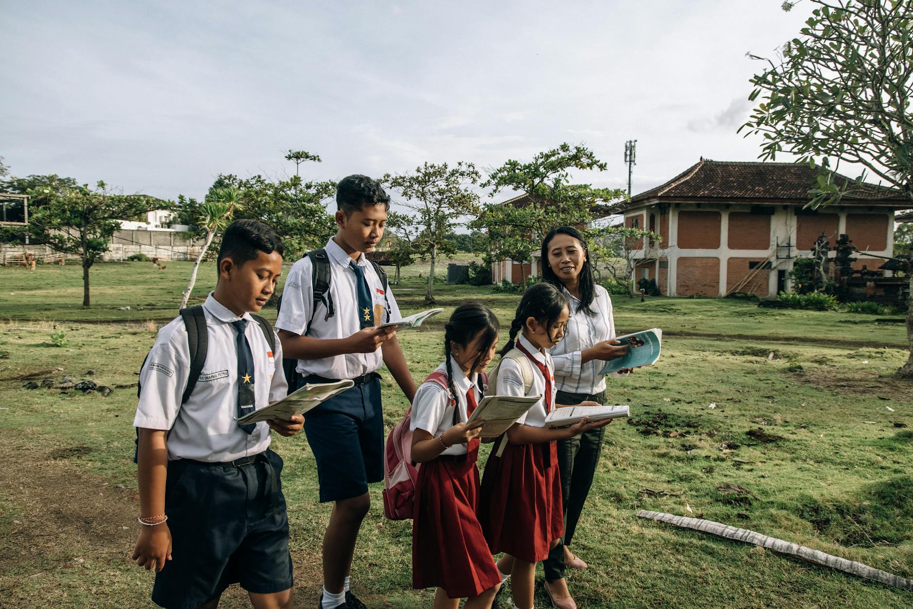 a group of students reading books
