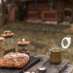 a freshly baked bread over the outdoor table