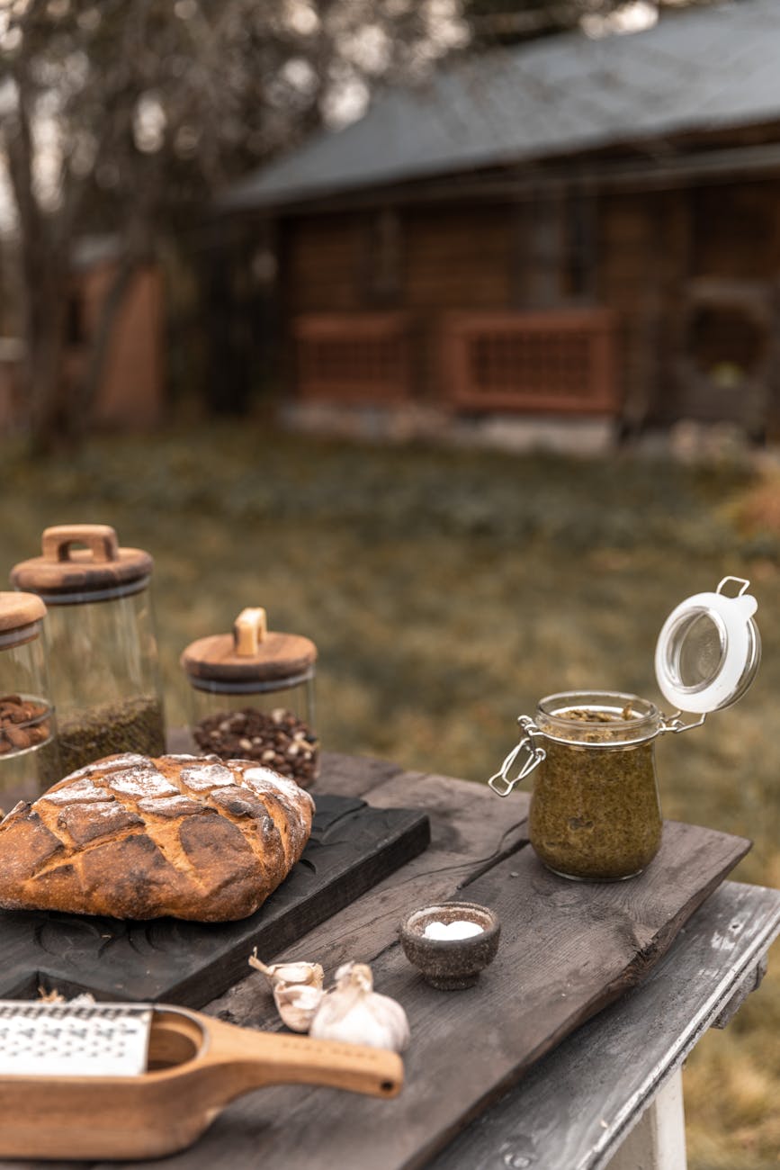 a freshly baked bread over the outdoor table